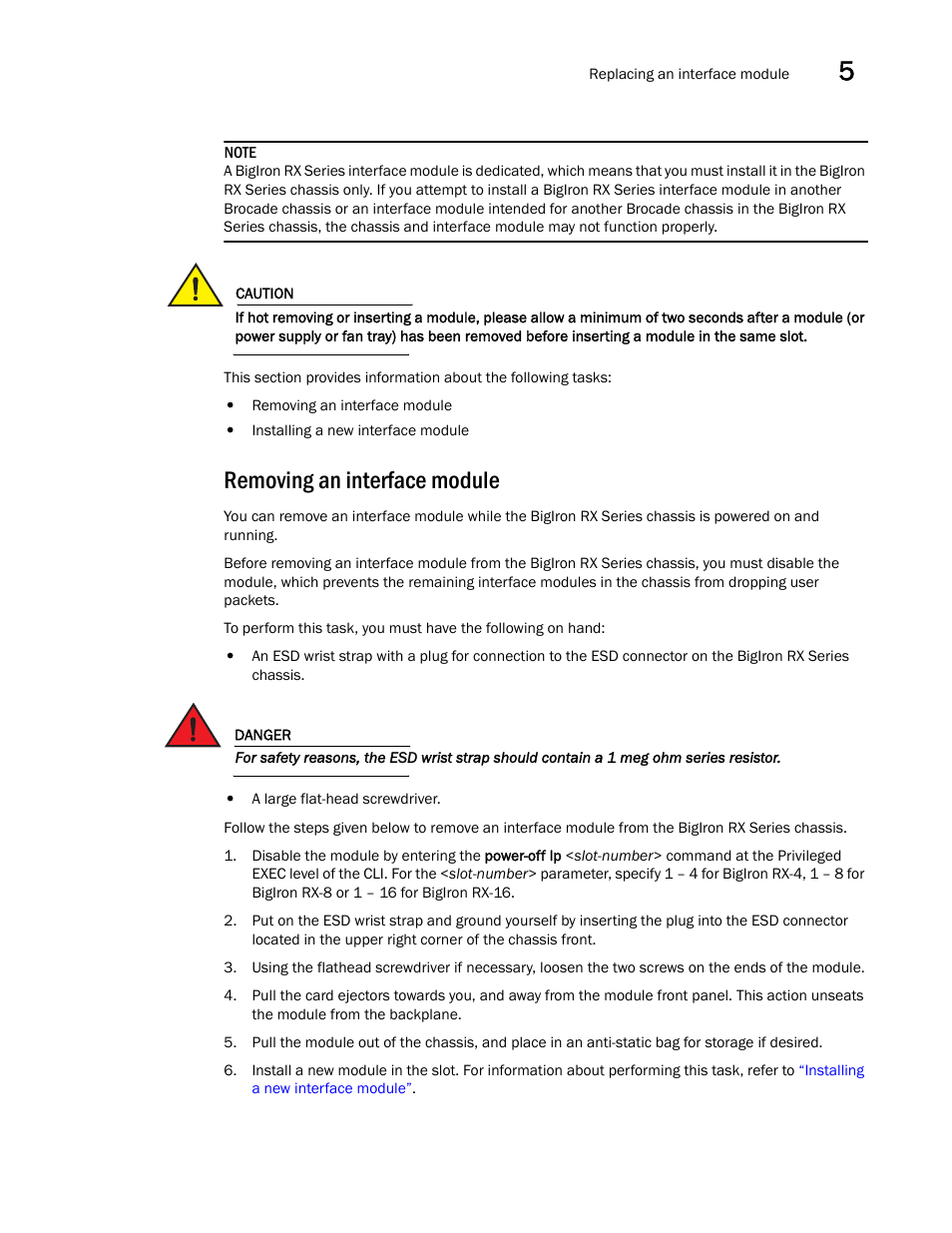 Removing an interface module | Brocade BigIron RX Series Hardware Reference Manual User Manual | Page 117 / 206