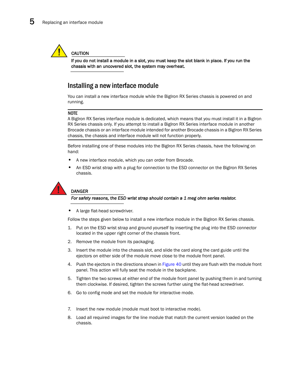 Installing a new interface module | Brocade BigIron RX Series Hardware Reference Manual User Manual | Page 118 / 206