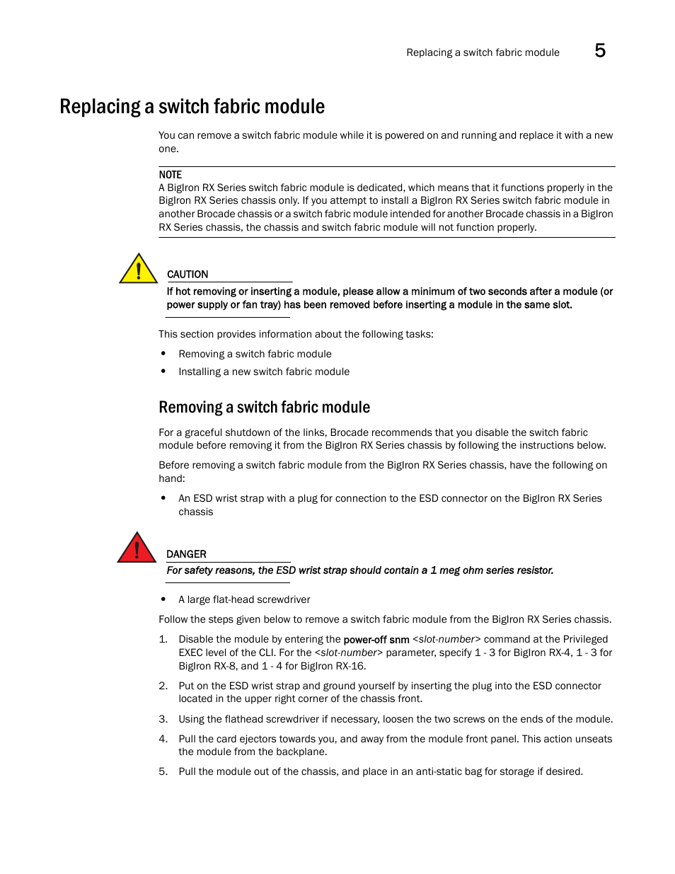 Replacing a switch fabric module, Removing a switch fabric module | Brocade BigIron RX Series Hardware Reference Manual User Manual | Page 121 / 206