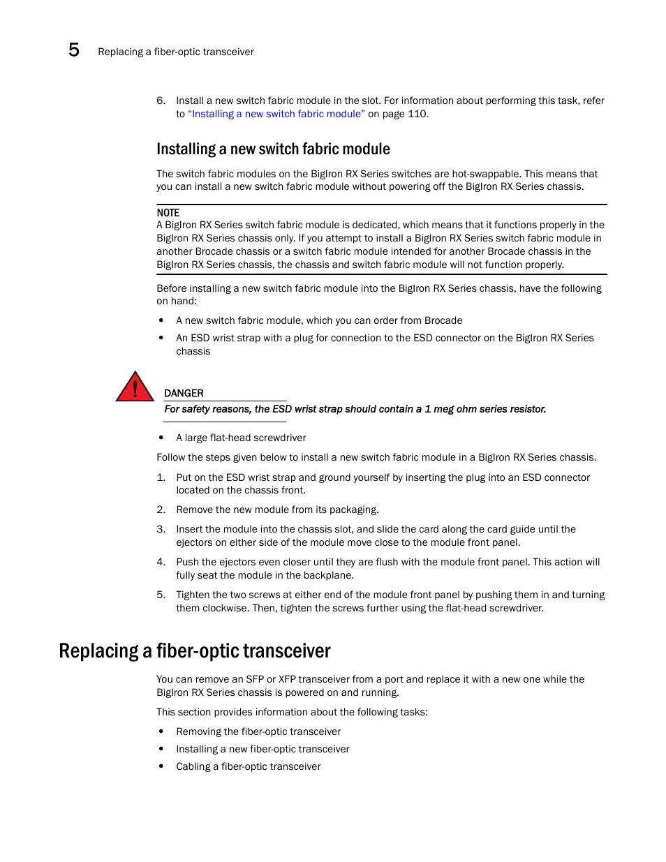 Installing a new switch fabric module, Replacing a fiber-optic transceiver | Brocade BigIron RX Series Hardware Reference Manual User Manual | Page 122 / 206