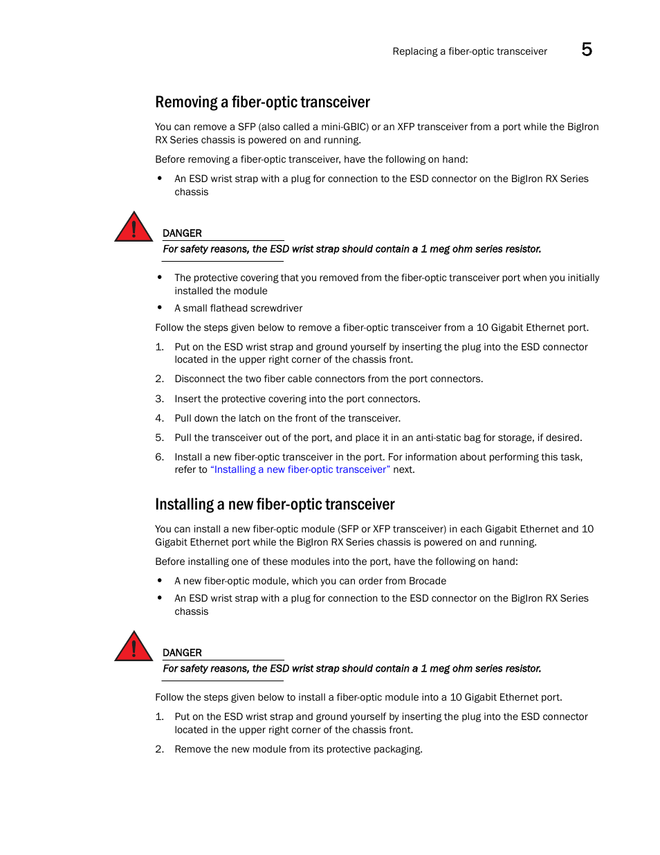 Removing a fiber-optic transceiver, Installing a new fiber-optic transceiver | Brocade BigIron RX Series Hardware Reference Manual User Manual | Page 123 / 206