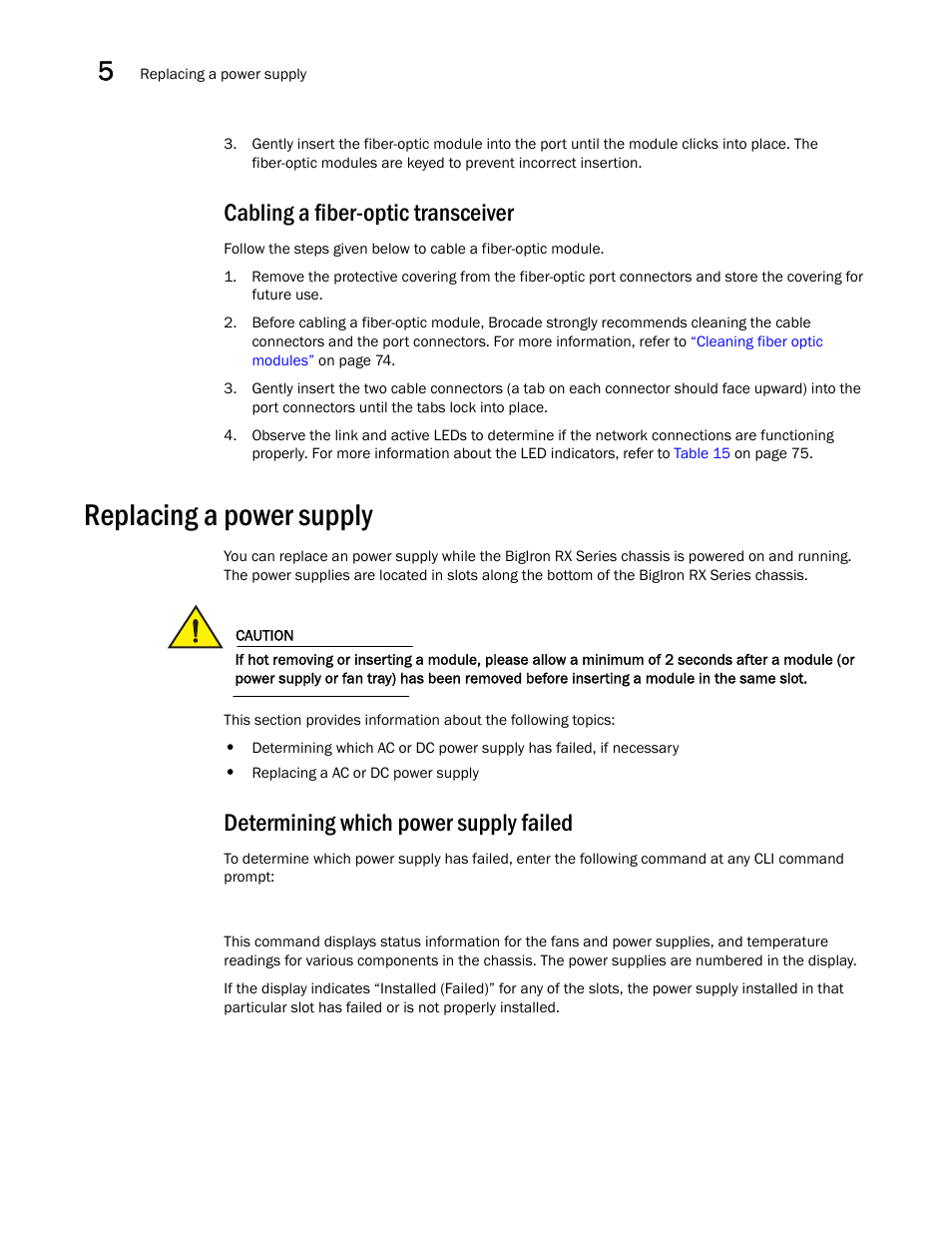 Cabling a fiber-optic transceiver, Replacing a power supply, Determining which power supply failed | Brocade BigIron RX Series Hardware Reference Manual User Manual | Page 124 / 206