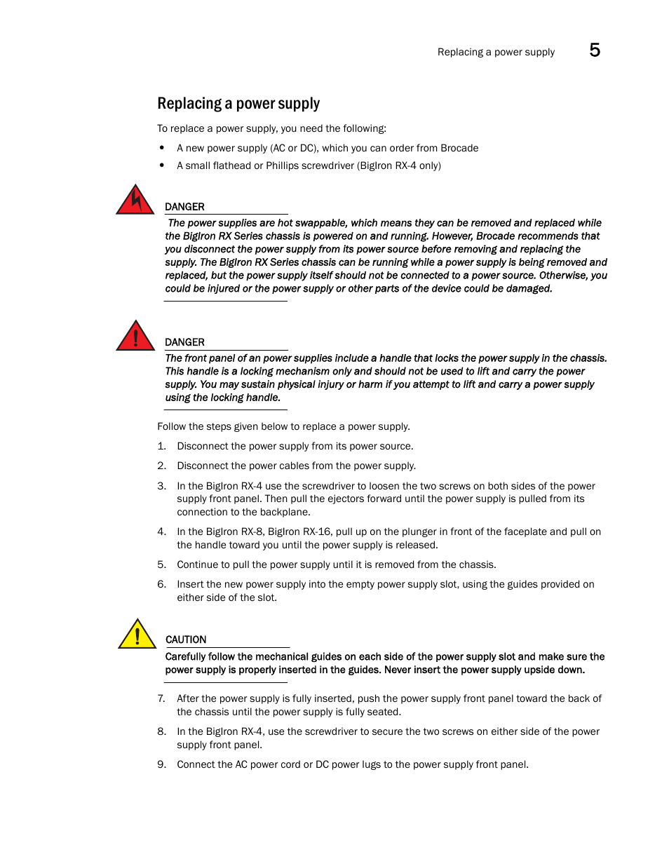 Replacing a power supply | Brocade BigIron RX Series Hardware Reference Manual User Manual | Page 125 / 206