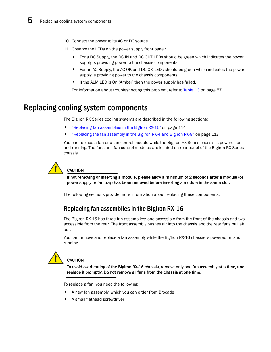 Replacing cooling system components, Replacing fan assemblies in the bigiron rx-16 | Brocade BigIron RX Series Hardware Reference Manual User Manual | Page 126 / 206