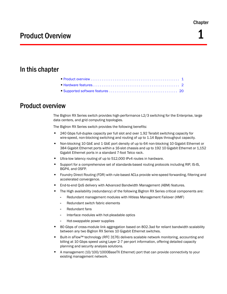 Product overview, Chapter 1 | Brocade BigIron RX Series Hardware Reference Manual User Manual | Page 13 / 206