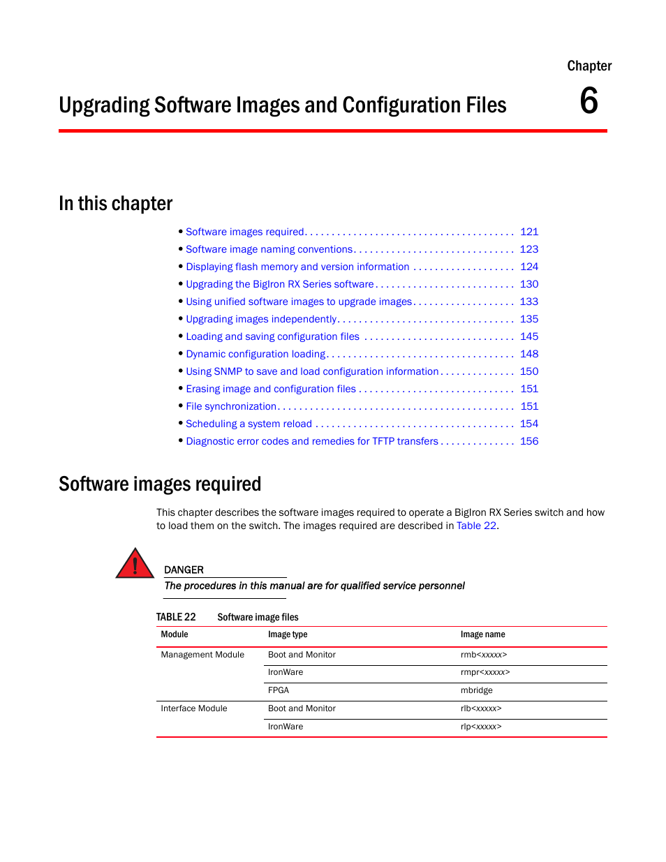 Upgrading software images and configuration files, Software images required, Chapter 6 | Chapter | Brocade BigIron RX Series Hardware Reference Manual User Manual | Page 133 / 206