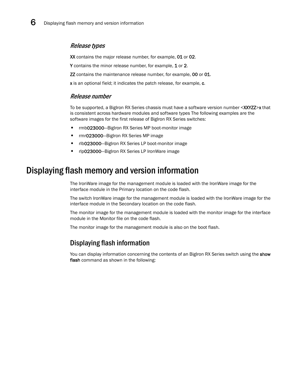 Displaying flash memory and version information, Displaying flash information, Release types | Release number | Brocade BigIron RX Series Hardware Reference Manual User Manual | Page 136 / 206