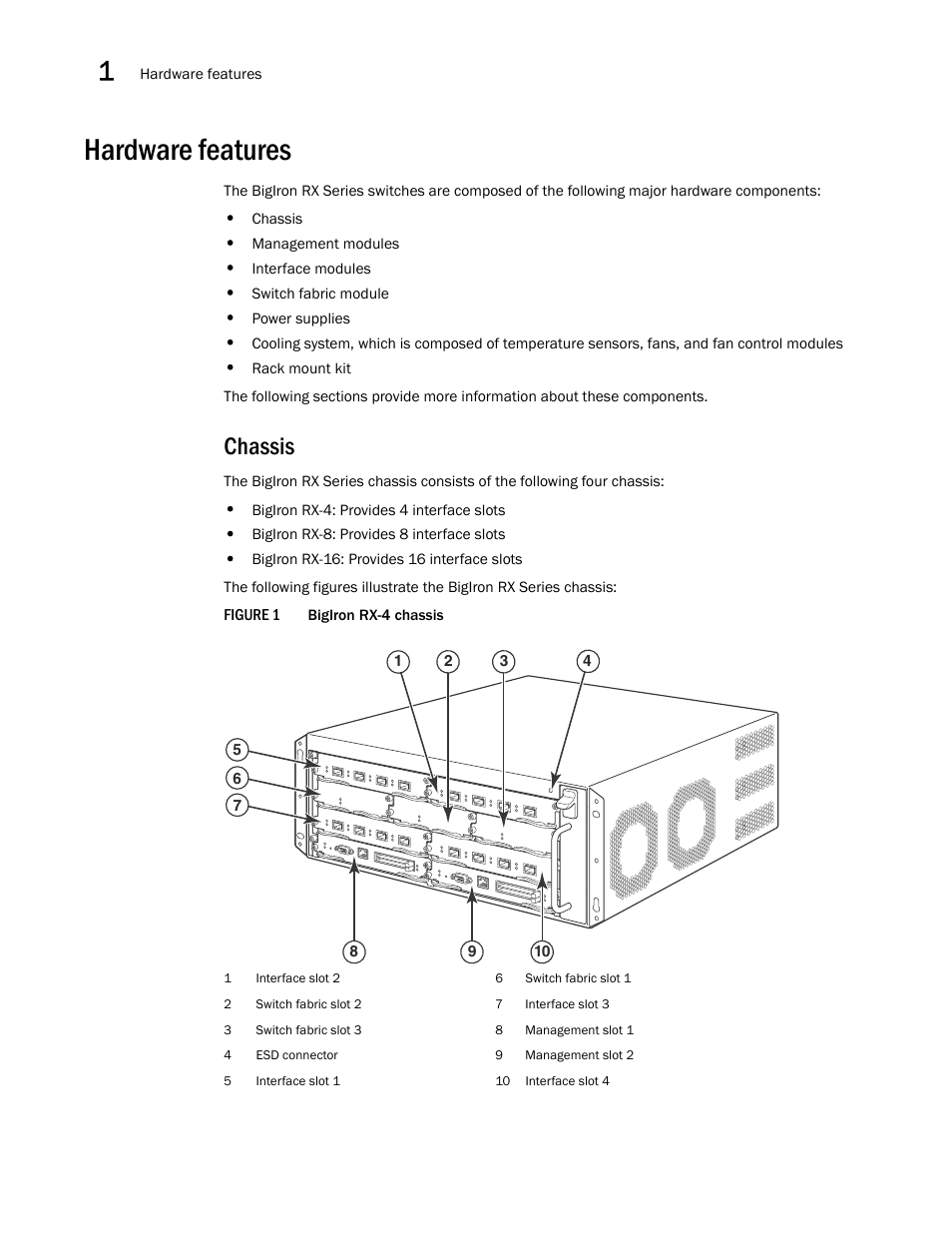 Hardware features, Chassis | Brocade BigIron RX Series Hardware Reference Manual User Manual | Page 14 / 206