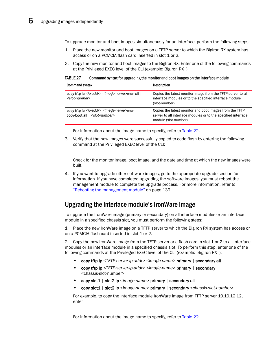 Upgrading the interface module’s ironware image | Brocade BigIron RX Series Hardware Reference Manual User Manual | Page 150 / 206