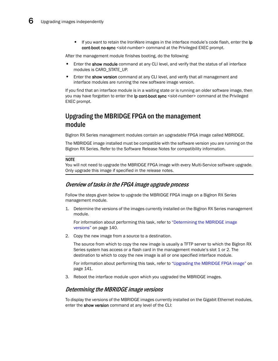 Upgrading the mbridge fpga on the management, Module, Determining the mbridge image versions | Brocade BigIron RX Series Hardware Reference Manual User Manual | Page 152 / 206