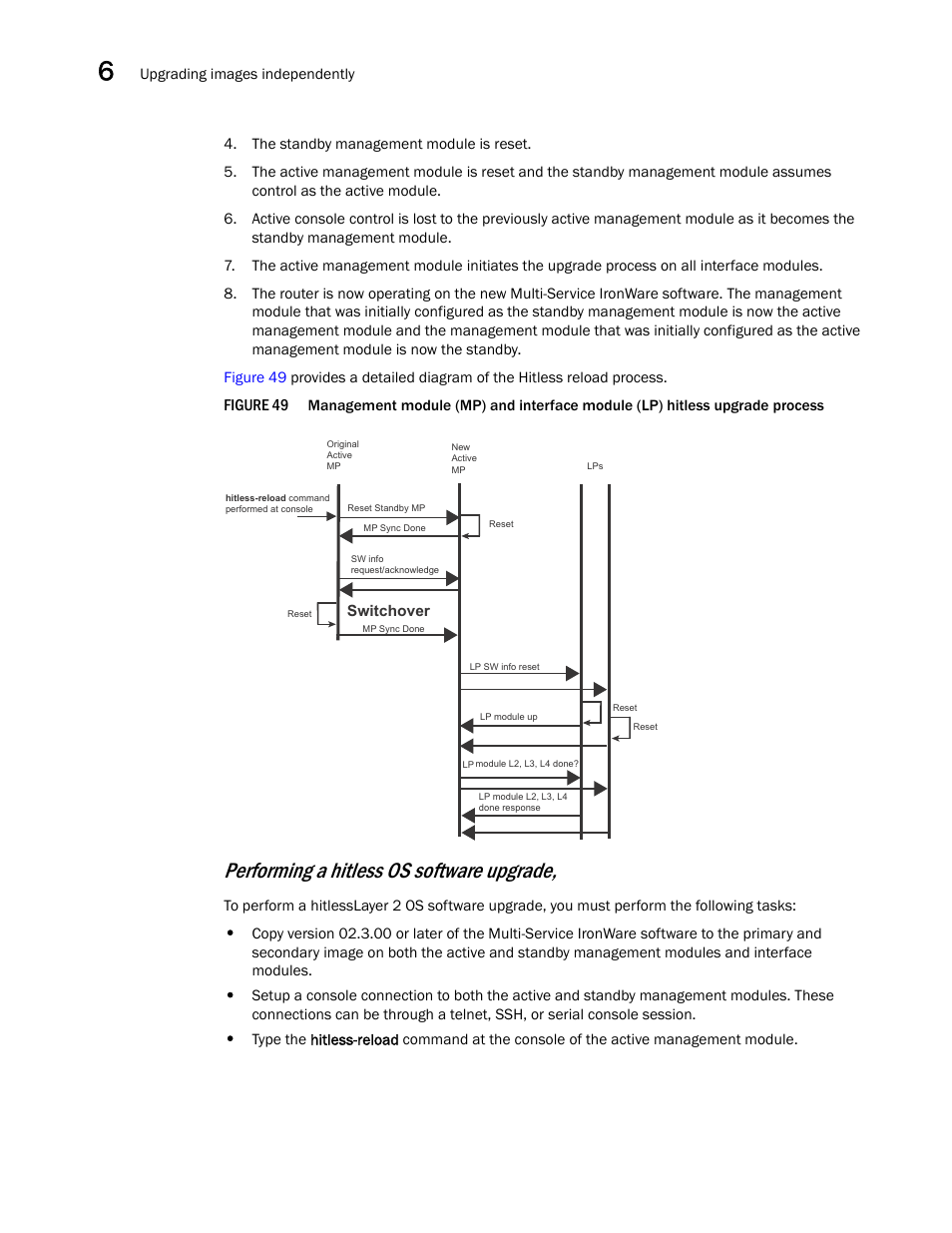 Performing a hitless os software upgrade | Brocade BigIron RX Series Hardware Reference Manual User Manual | Page 156 / 206