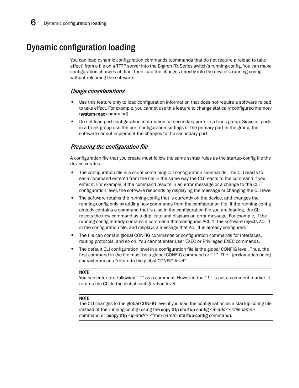 Dynamic configuration loading, Usage considerations, Preparing the configuration file | Brocade BigIron RX Series Hardware Reference Manual User Manual | Page 160 / 206