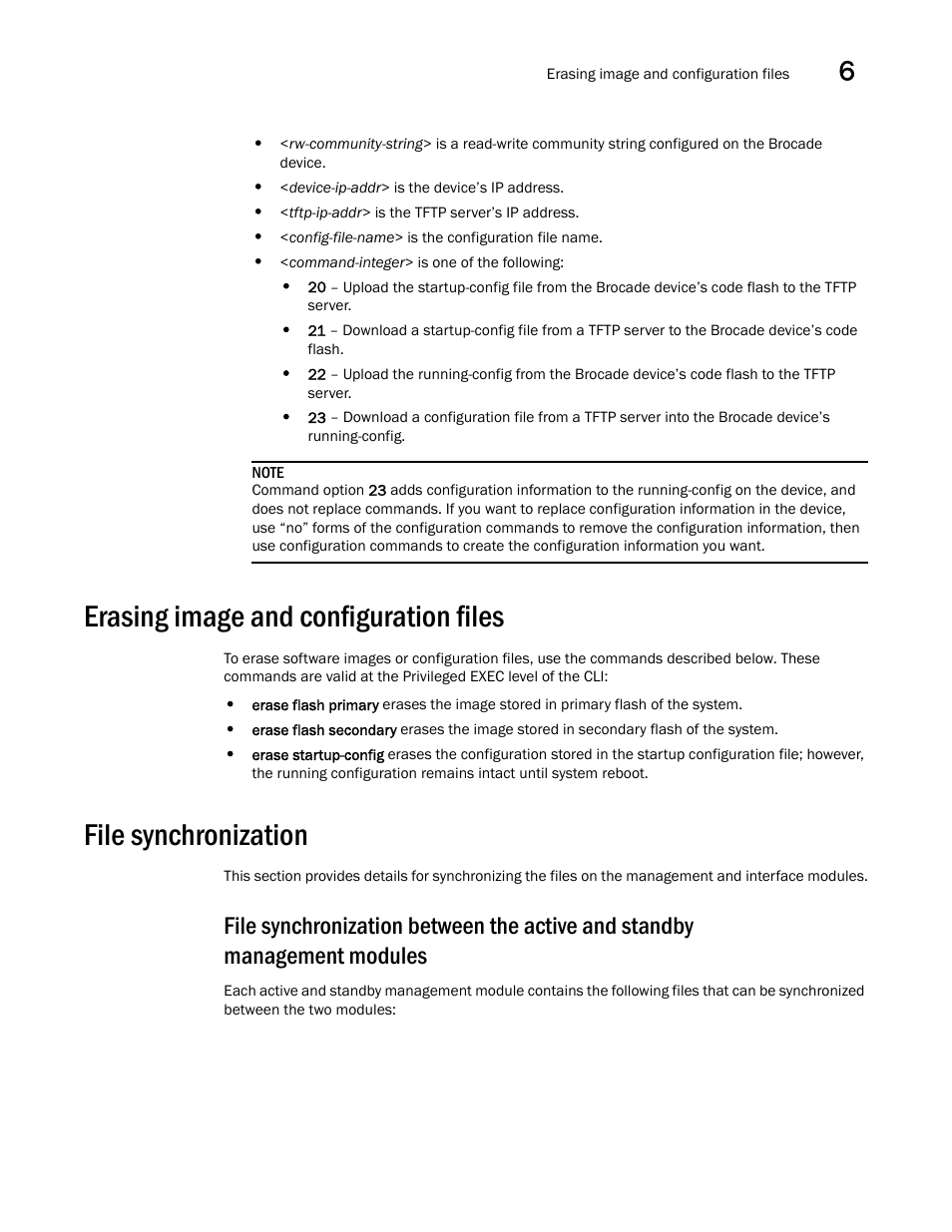 Erasing image and configuration files, File synchronization | Brocade BigIron RX Series Hardware Reference Manual User Manual | Page 163 / 206