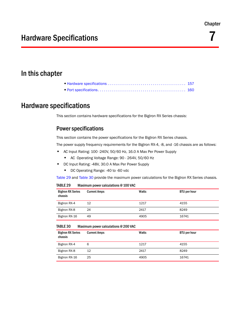 Hardware specifications, Power specifications, Chapter 7 | Chapter | Brocade BigIron RX Series Hardware Reference Manual User Manual | Page 169 / 206