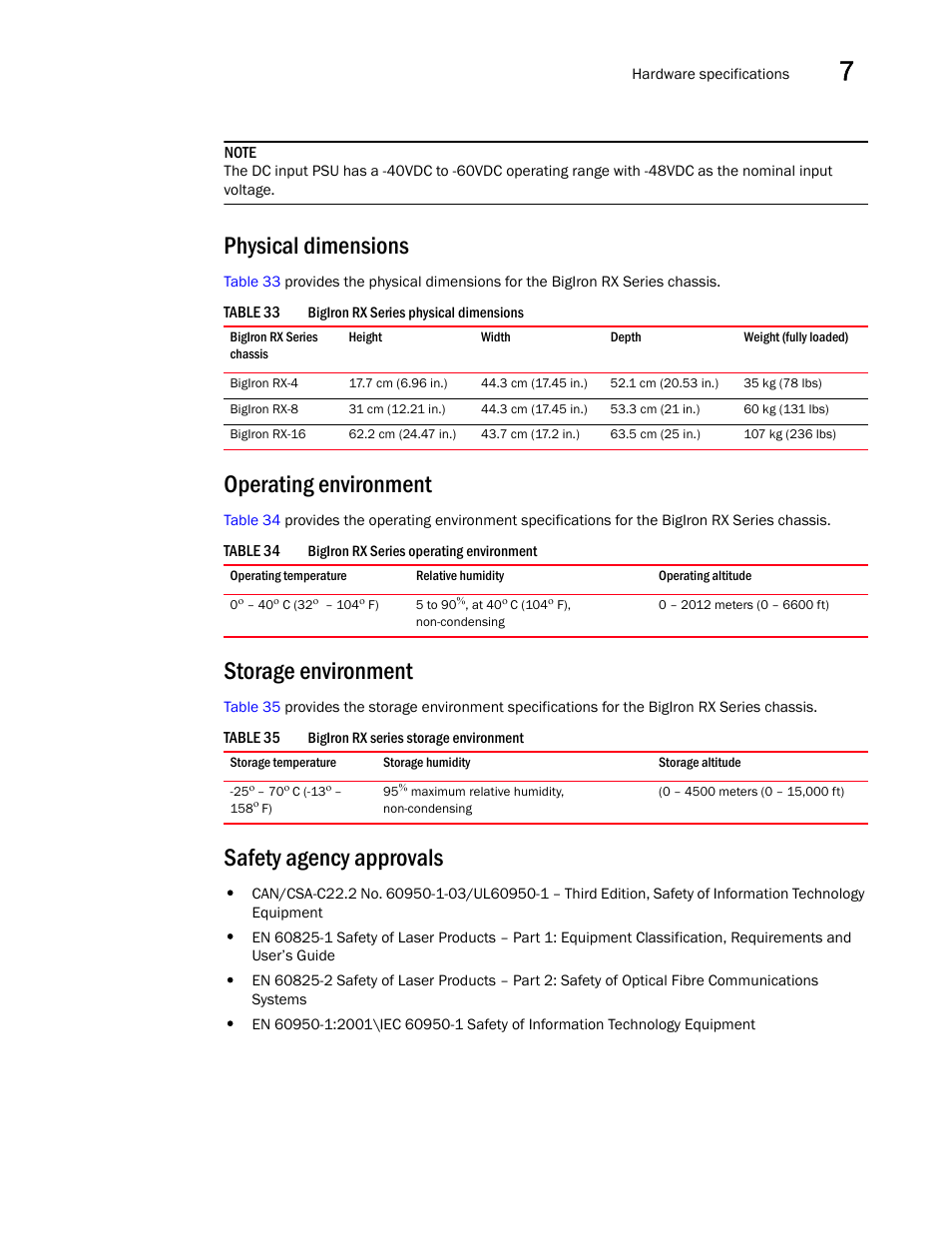 Physical dimensions, Operating environment, Storage environment | Safety agency approvals | Brocade BigIron RX Series Hardware Reference Manual User Manual | Page 171 / 206