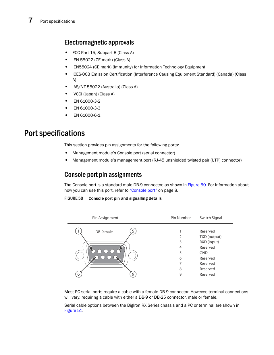 Electromagnetic approvals, Port specifications, Console port pin assignments | Brocade BigIron RX Series Hardware Reference Manual User Manual | Page 172 / 206
