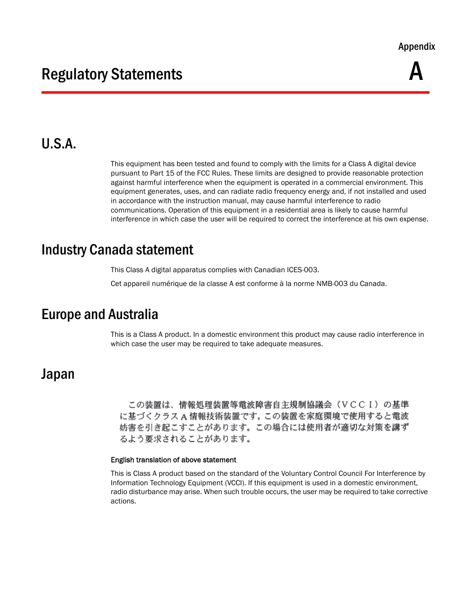 Regulatory statements, U.s.a, Industry canada statement | Europe and australia, Japan, Appendix a | Brocade BigIron RX Series Hardware Reference Manual User Manual | Page 175 / 206