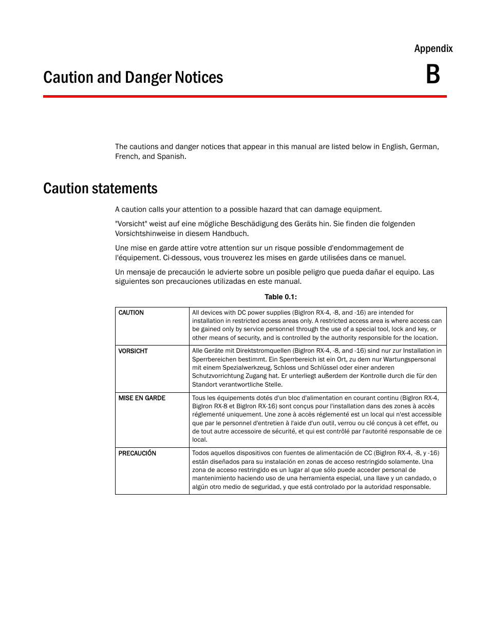 Caution and danger notices, Caution statements, Appendix b | Brocade BigIron RX Series Hardware Reference Manual User Manual | Page 179 / 206