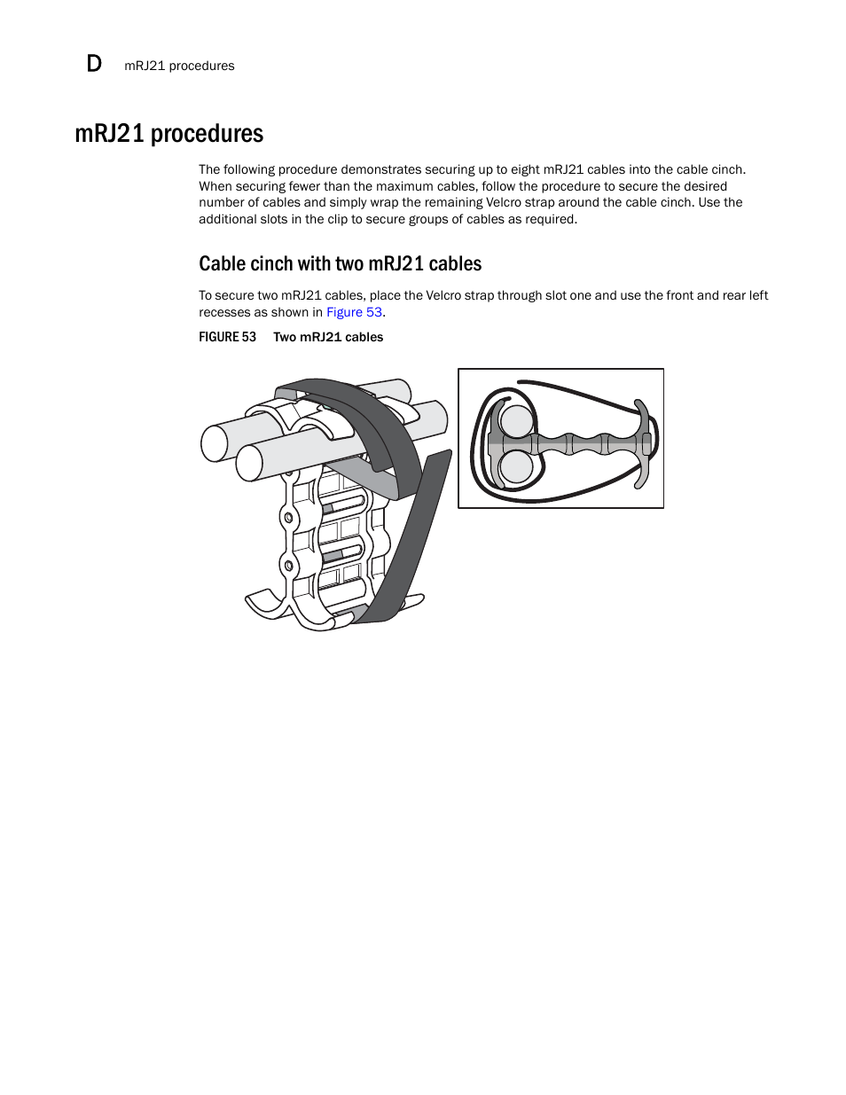 Mrj21 procedures, Cable cinch with two mrj21 cables | Brocade BigIron RX Series Hardware Reference Manual User Manual | Page 198 / 206