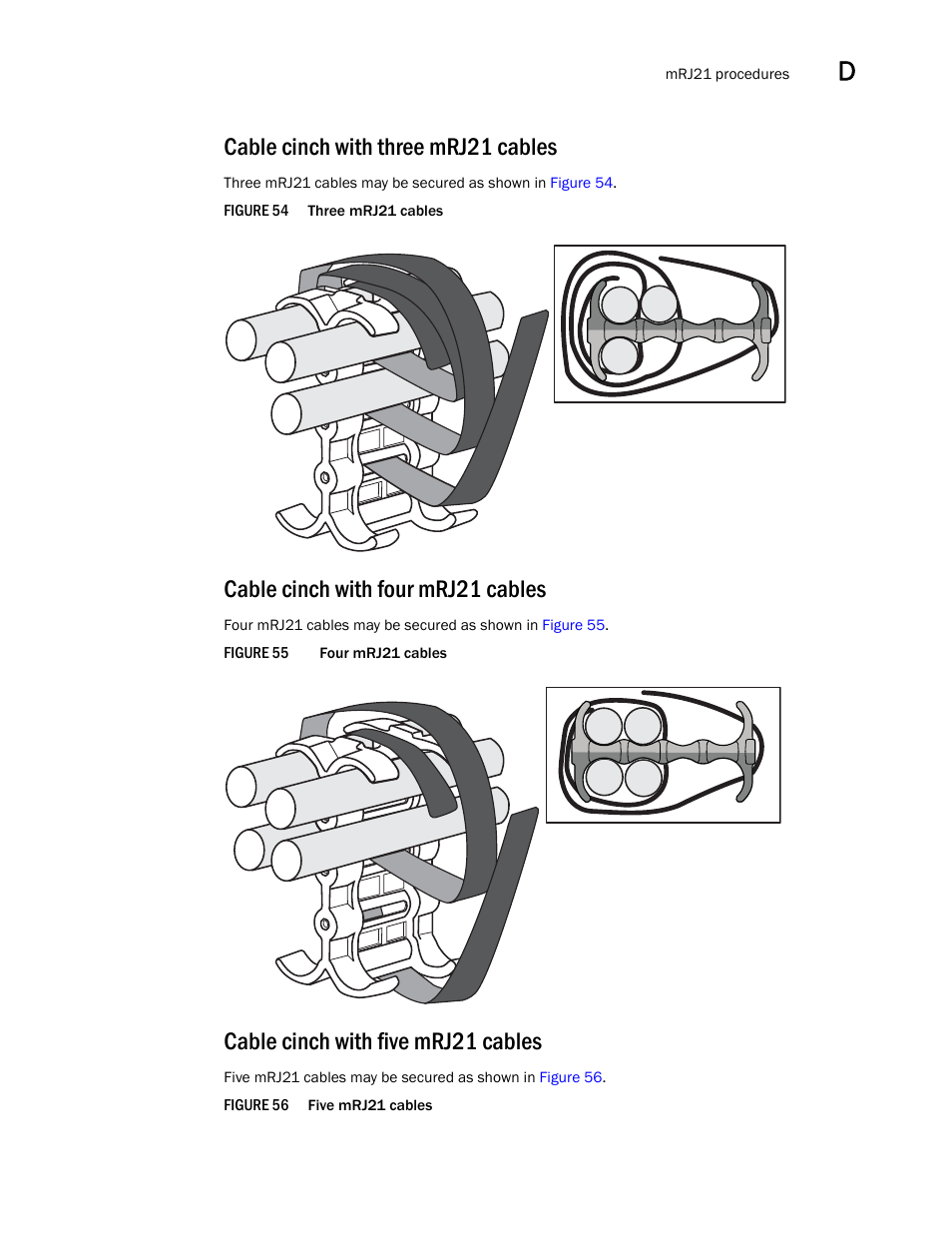 Cable cinch with three mrj21 cables, Cable cinch with four mrj21 cables, Cable cinch with five mrj21 cables | Brocade BigIron RX Series Hardware Reference Manual User Manual | Page 199 / 206