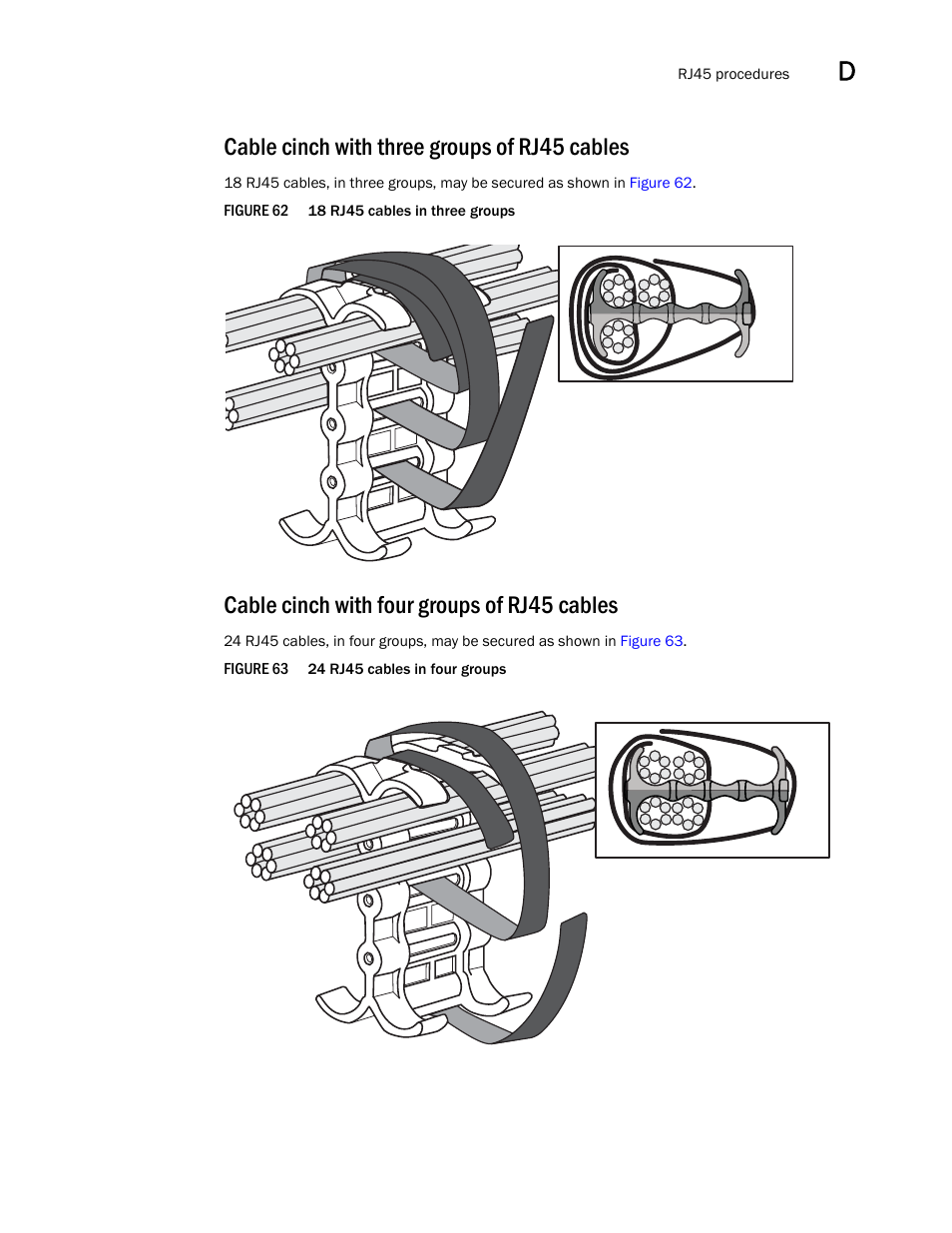 Cable cinch with three groups of rj45 cables, Cable cinch with four groups of rj45 cables | Brocade BigIron RX Series Hardware Reference Manual User Manual | Page 203 / 206