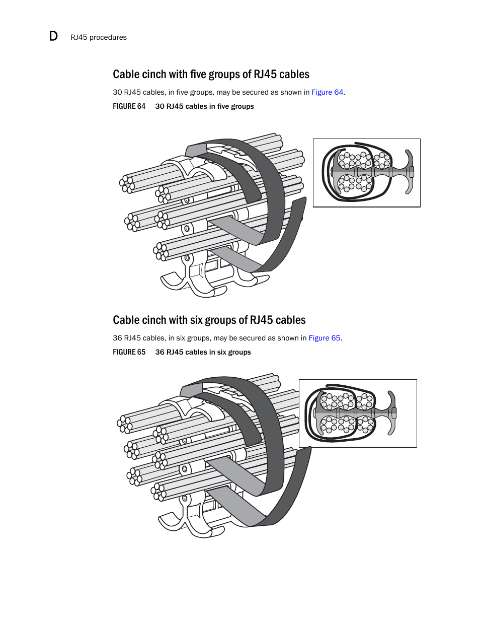 Cable cinch with five groups of rj45 cables, Cable cinch with six groups of rj45 cables | Brocade BigIron RX Series Hardware Reference Manual User Manual | Page 204 / 206