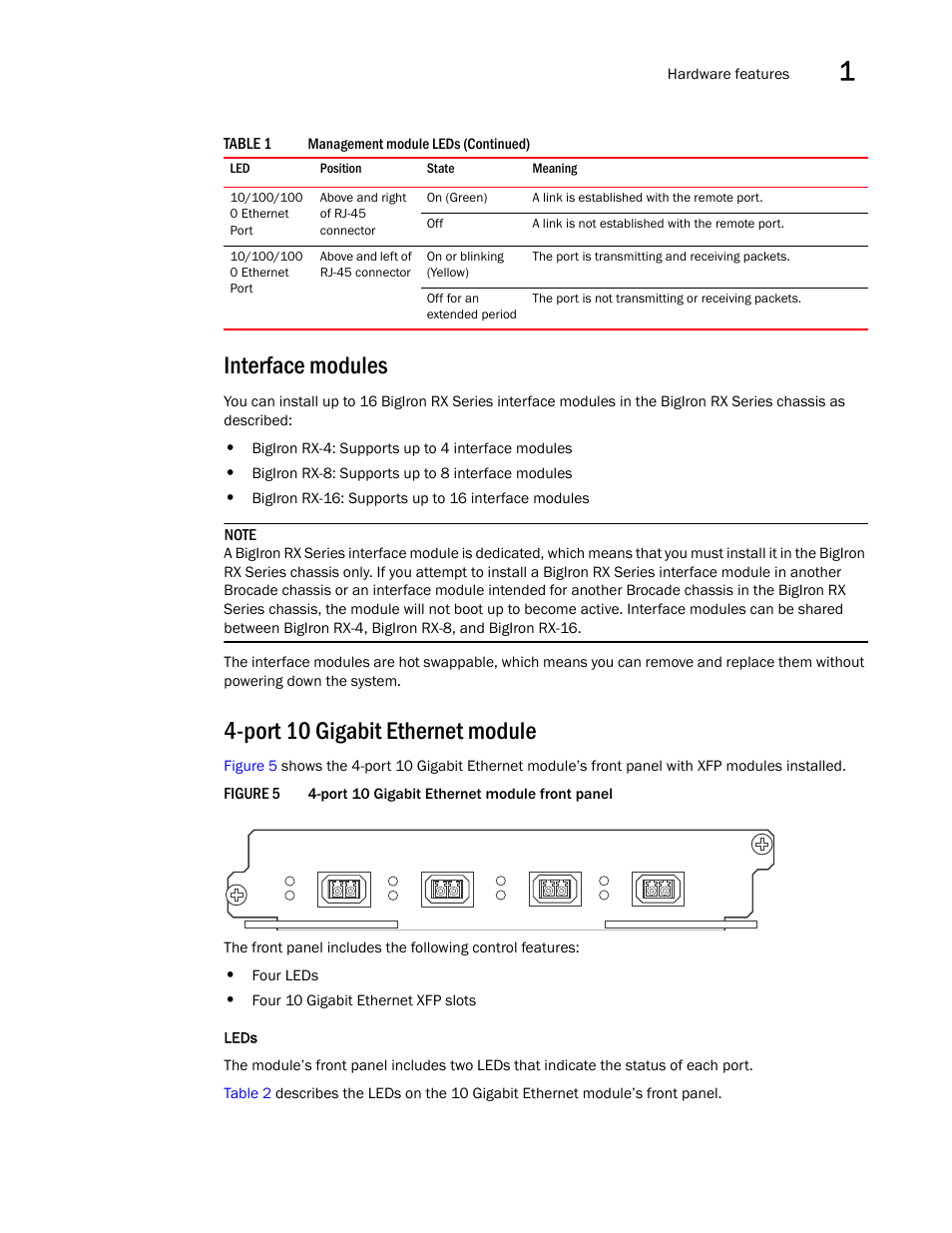 Interface modules, Port 10 gigabit ethernet module | Brocade BigIron RX Series Hardware Reference Manual User Manual | Page 21 / 206