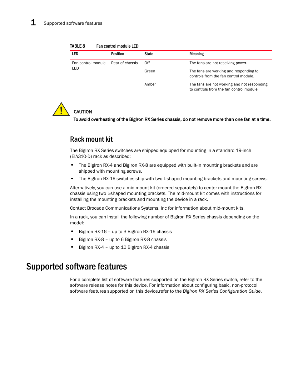 Rack mount kit, Supported software features | Brocade BigIron RX Series Hardware Reference Manual User Manual | Page 32 / 206