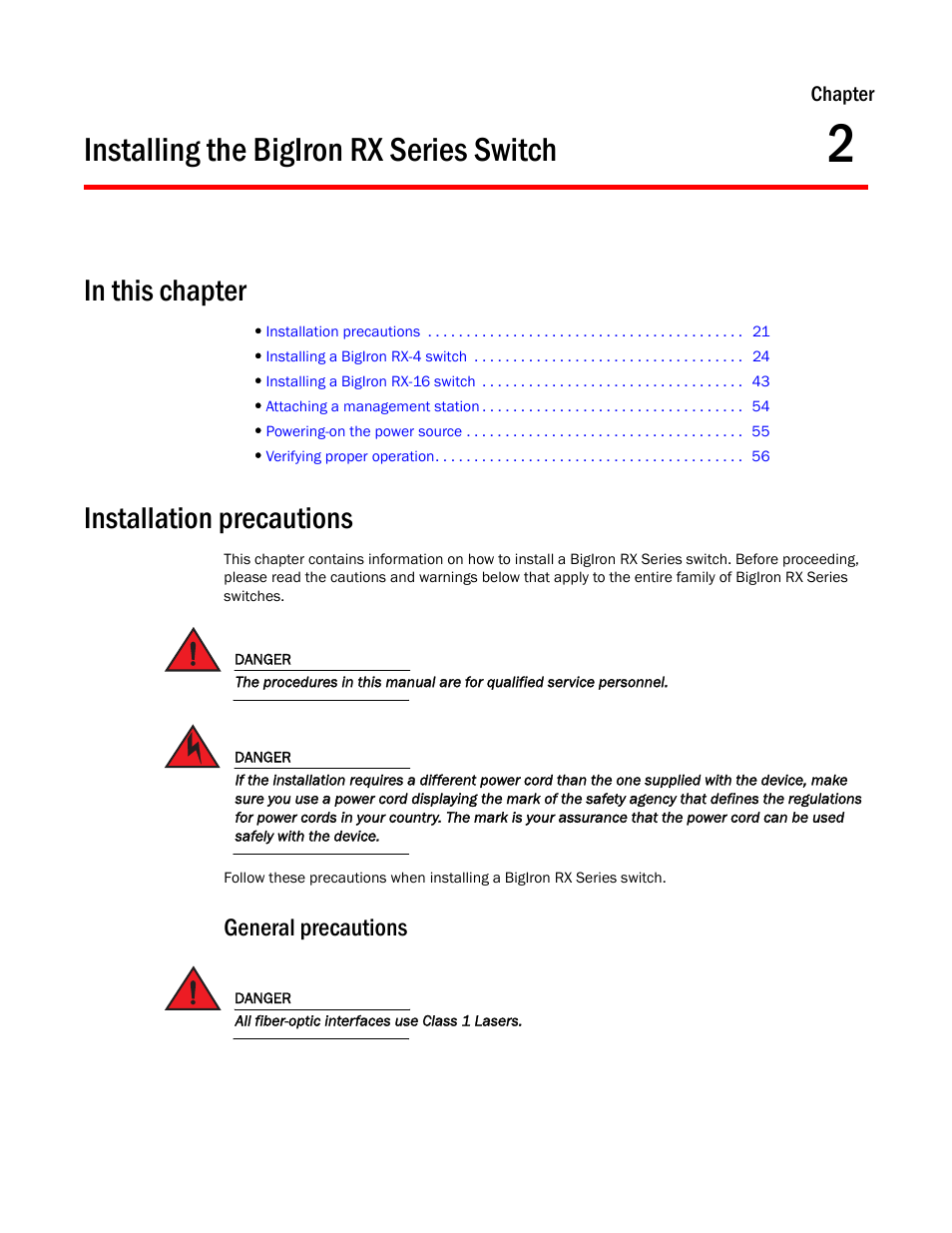 Installing the bigiron rx series switch, Installation precautions, General precautions | Chapter 2 | Brocade BigIron RX Series Hardware Reference Manual User Manual | Page 33 / 206