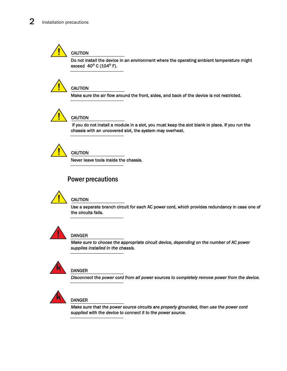 Power precautions | Brocade BigIron RX Series Hardware Reference Manual User Manual | Page 34 / 206