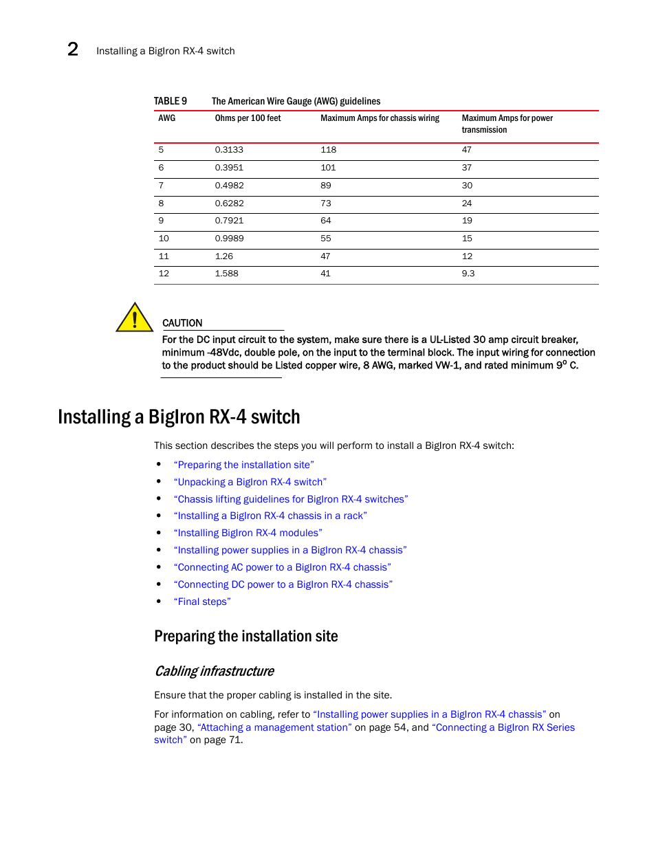 Installing a bigiron rx-4 switch, Preparing the installation site, Cabling infrastructure | Brocade BigIron RX Series Hardware Reference Manual User Manual | Page 36 / 206