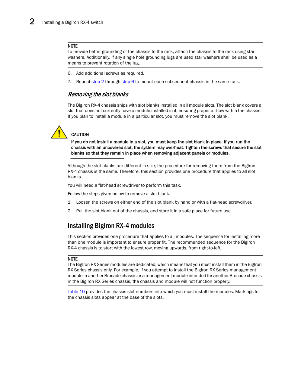 Installing bigiron rx-4 modules, Removing the slot blanks | Brocade BigIron RX Series Hardware Reference Manual User Manual | Page 40 / 206