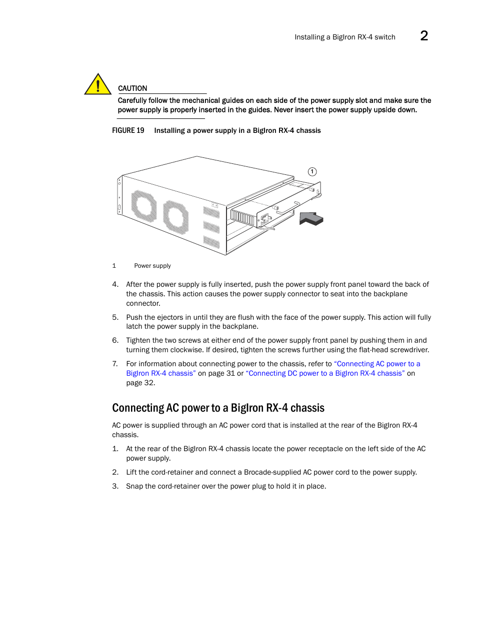 Connecting ac power to a bigiron rx-4 chassis | Brocade BigIron RX Series Hardware Reference Manual User Manual | Page 43 / 206