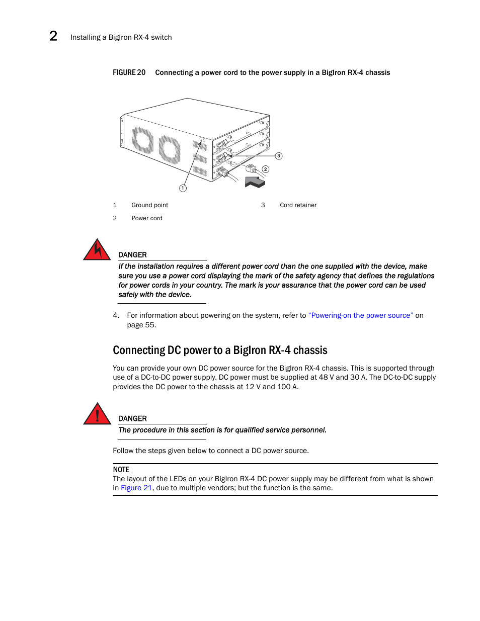 Connecting dc power to a bigiron rx-4 chassis | Brocade BigIron RX Series Hardware Reference Manual User Manual | Page 44 / 206