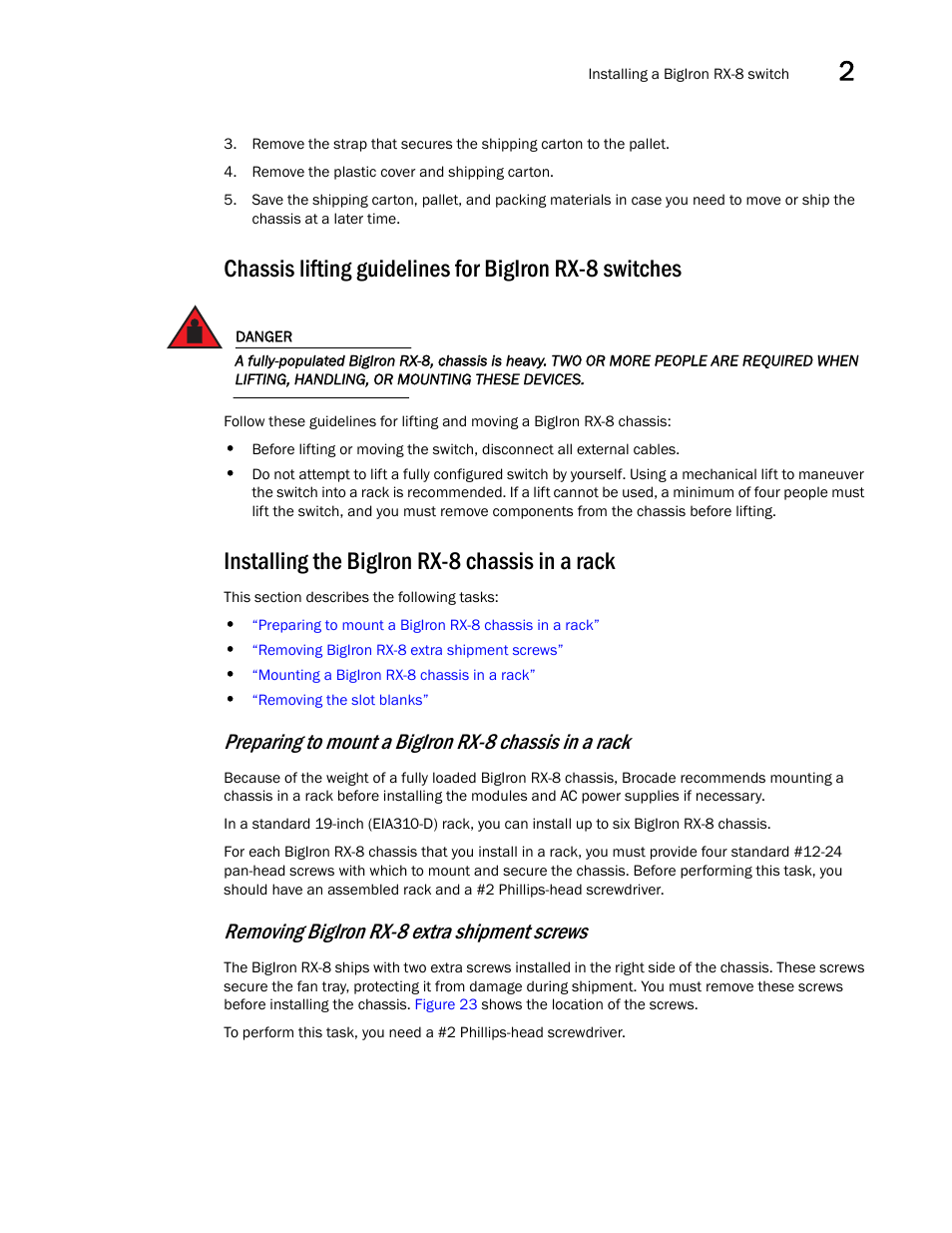 Installing the bigiron rx-8 chassis in a rack, Removing bigiron rx-8 extra shipment screws | Brocade BigIron RX Series Hardware Reference Manual User Manual | Page 47 / 206