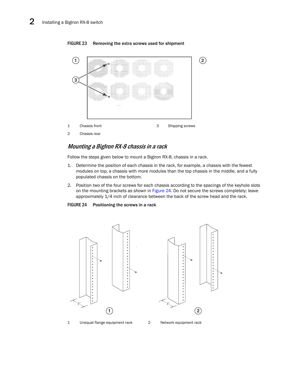 Mounting a bigiron rx-8 chassis in a rack, Figure 23 | Brocade BigIron RX Series Hardware Reference Manual User Manual | Page 48 / 206