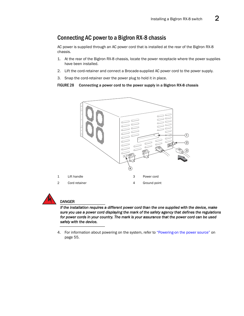 Connecting ac power to a bigiron rx-8 chassis, Connecting ac power to a, Bigiron rx-8 chassis | Brocade BigIron RX Series Hardware Reference Manual User Manual | Page 53 / 206