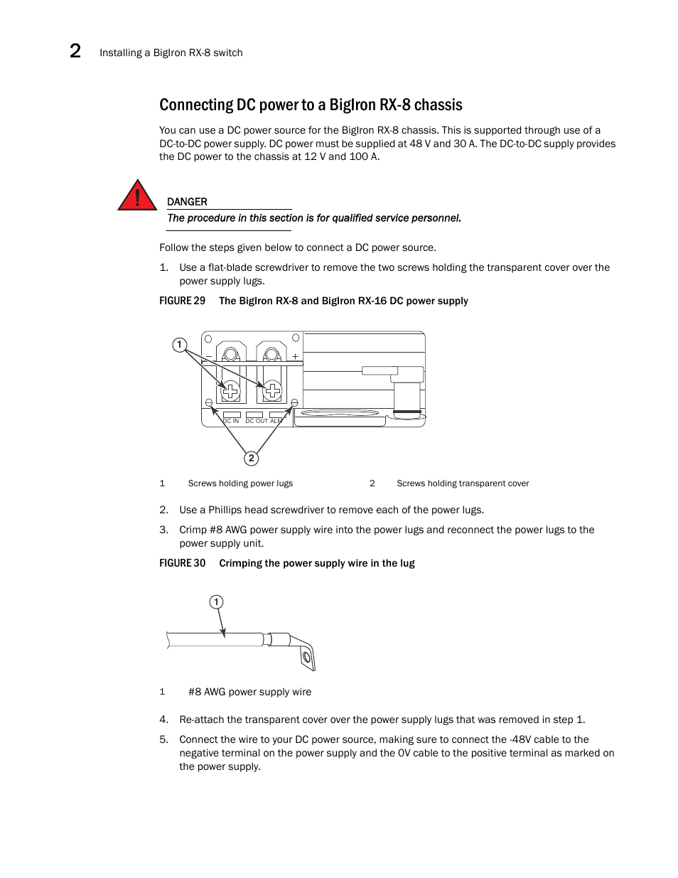 Connecting dc power to a bigiron rx-8 chassis | Brocade BigIron RX Series Hardware Reference Manual User Manual | Page 54 / 206