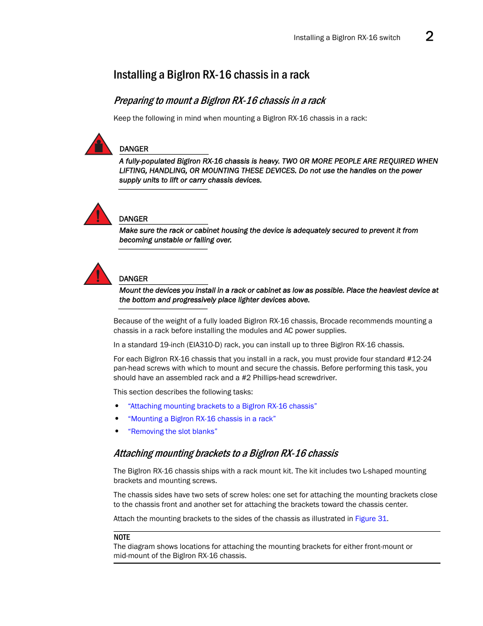 Installing a bigiron rx-16 chassis in a rack | Brocade BigIron RX Series Hardware Reference Manual User Manual | Page 57 / 206