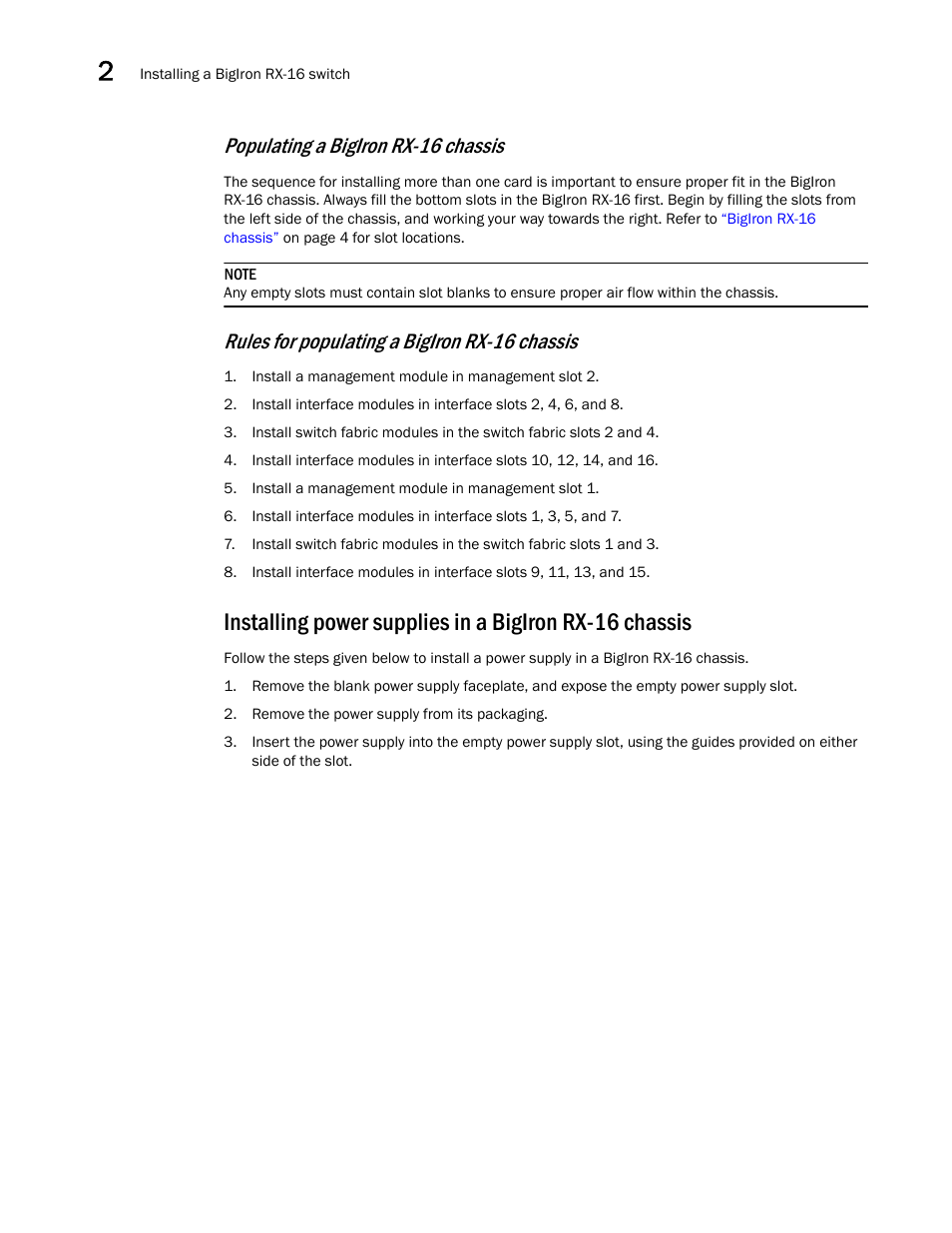 Special instructions, Populating a bigiron rx-16, Chassis | Populating a bigiron rx-16 chassis, Rules for populating a bigiron rx-16 chassis | Brocade BigIron RX Series Hardware Reference Manual User Manual | Page 62 / 206