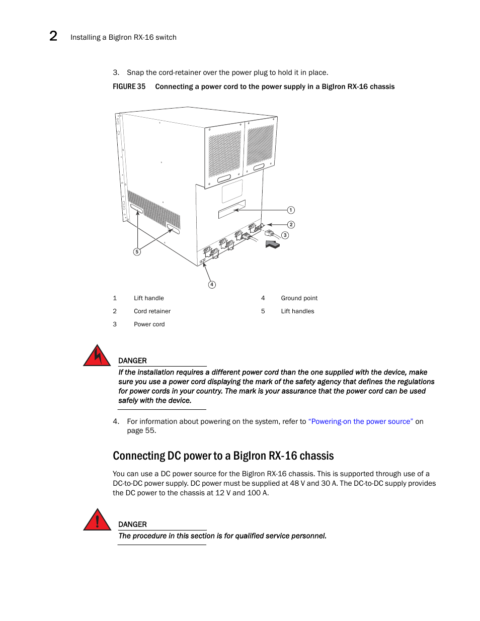 Connecting dc power to a bigiron rx-16 chassis | Brocade BigIron RX Series Hardware Reference Manual User Manual | Page 64 / 206