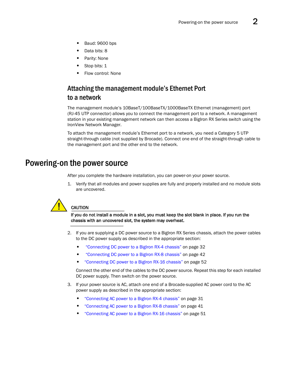 Powering-on the power source, Attaching the, Management module’s ethernet port to a network | Brocade BigIron RX Series Hardware Reference Manual User Manual | Page 67 / 206