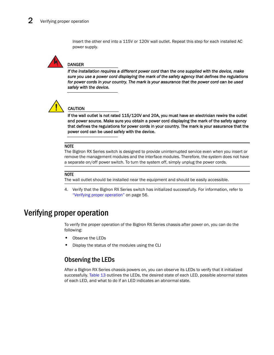 Verifying proper operation, Observing the leds | Brocade BigIron RX Series Hardware Reference Manual User Manual | Page 68 / 206