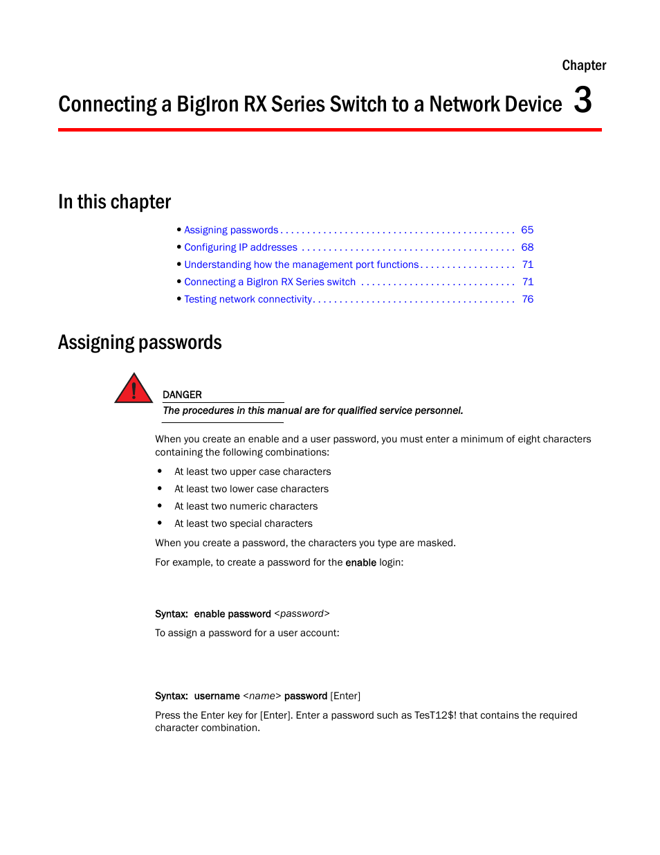 Assigning passwords, Chapter 3 | Brocade BigIron RX Series Hardware Reference Manual User Manual | Page 77 / 206