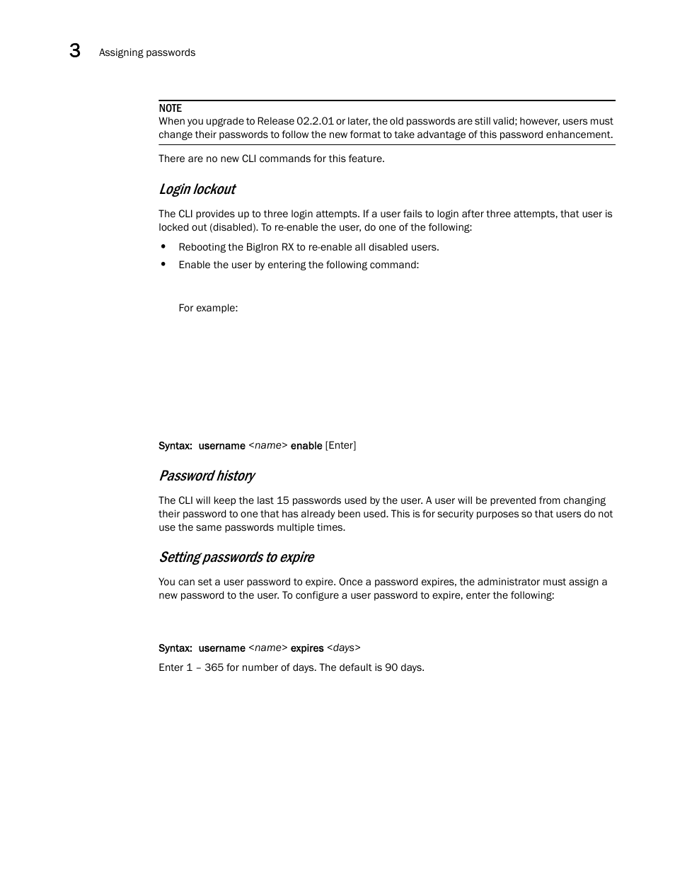 Login lockout, Password history, Setting passwords to expire | Brocade BigIron RX Series Hardware Reference Manual User Manual | Page 78 / 206