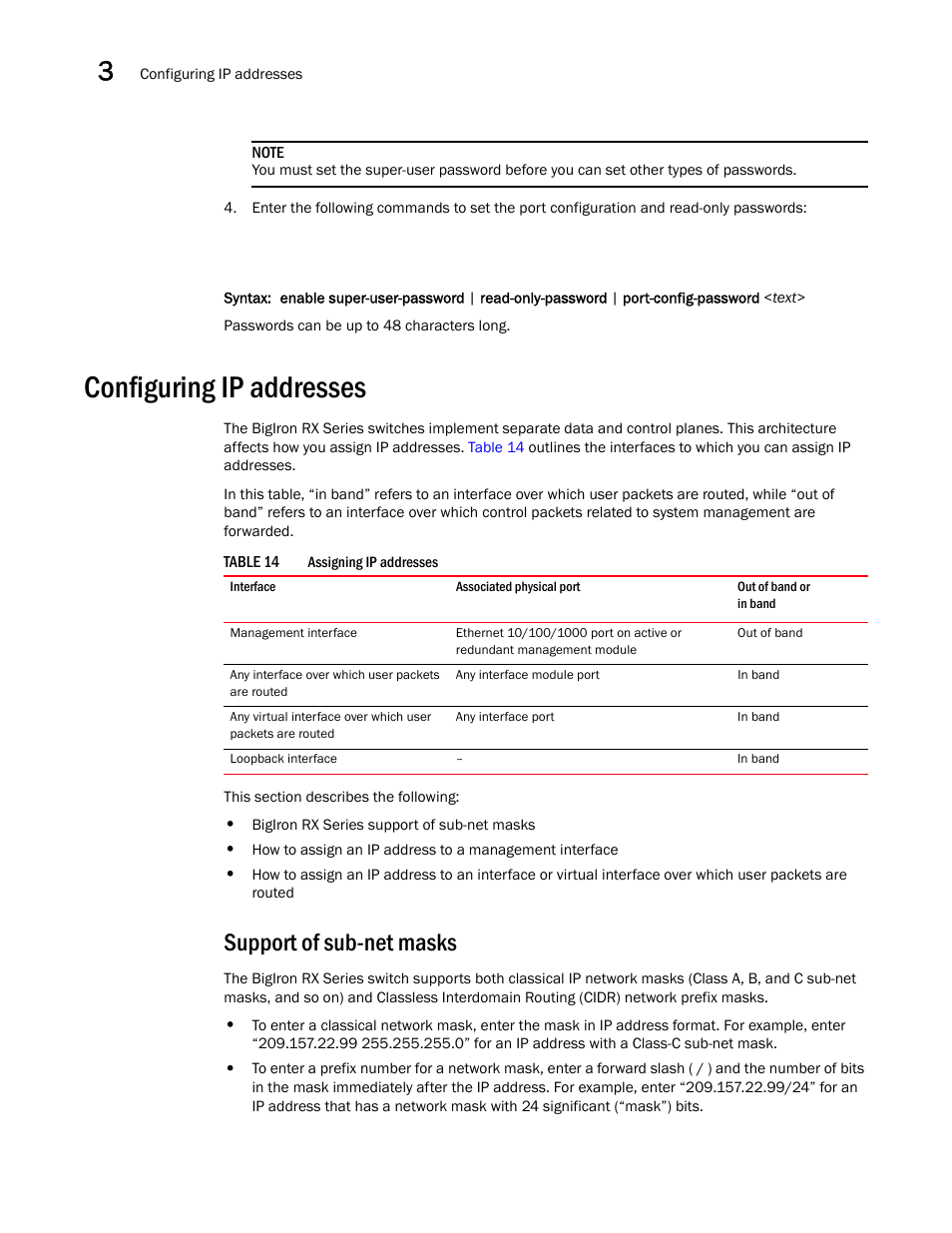 Configuring ip addresses, Support of sub-net masks | Brocade BigIron RX Series Hardware Reference Manual User Manual | Page 80 / 206