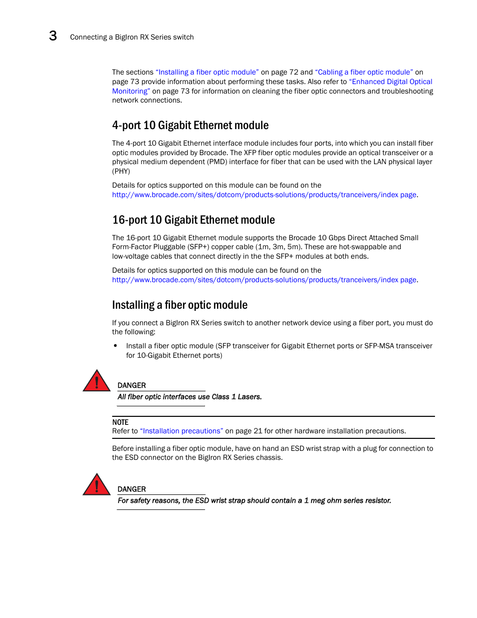 Port 10 gigabit ethernet module, Installing a fiber optic module | Brocade BigIron RX Series Hardware Reference Manual User Manual | Page 84 / 206