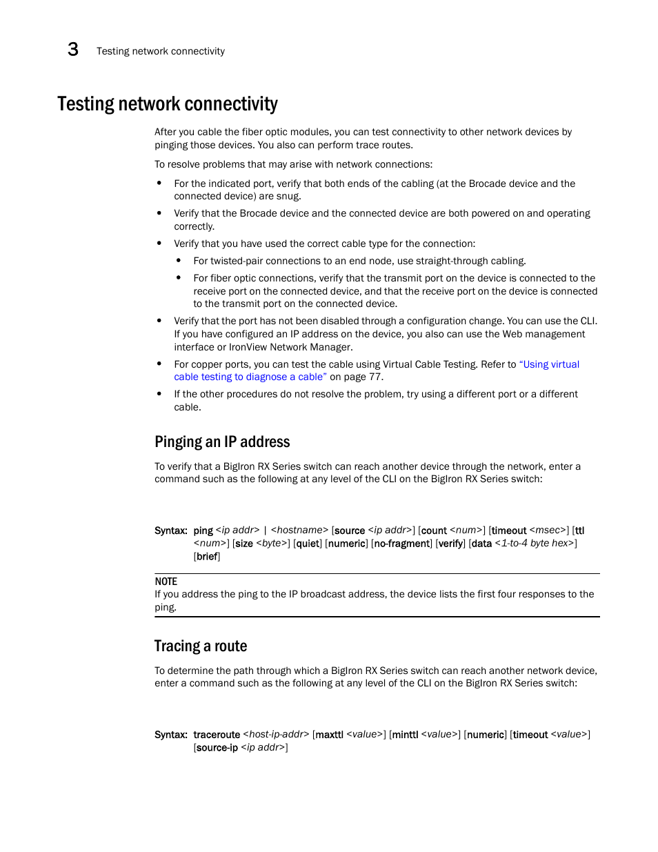 Testing network connectivity, Pinging an ip address, Tracing a route | Brocade BigIron RX Series Hardware Reference Manual User Manual | Page 88 / 206