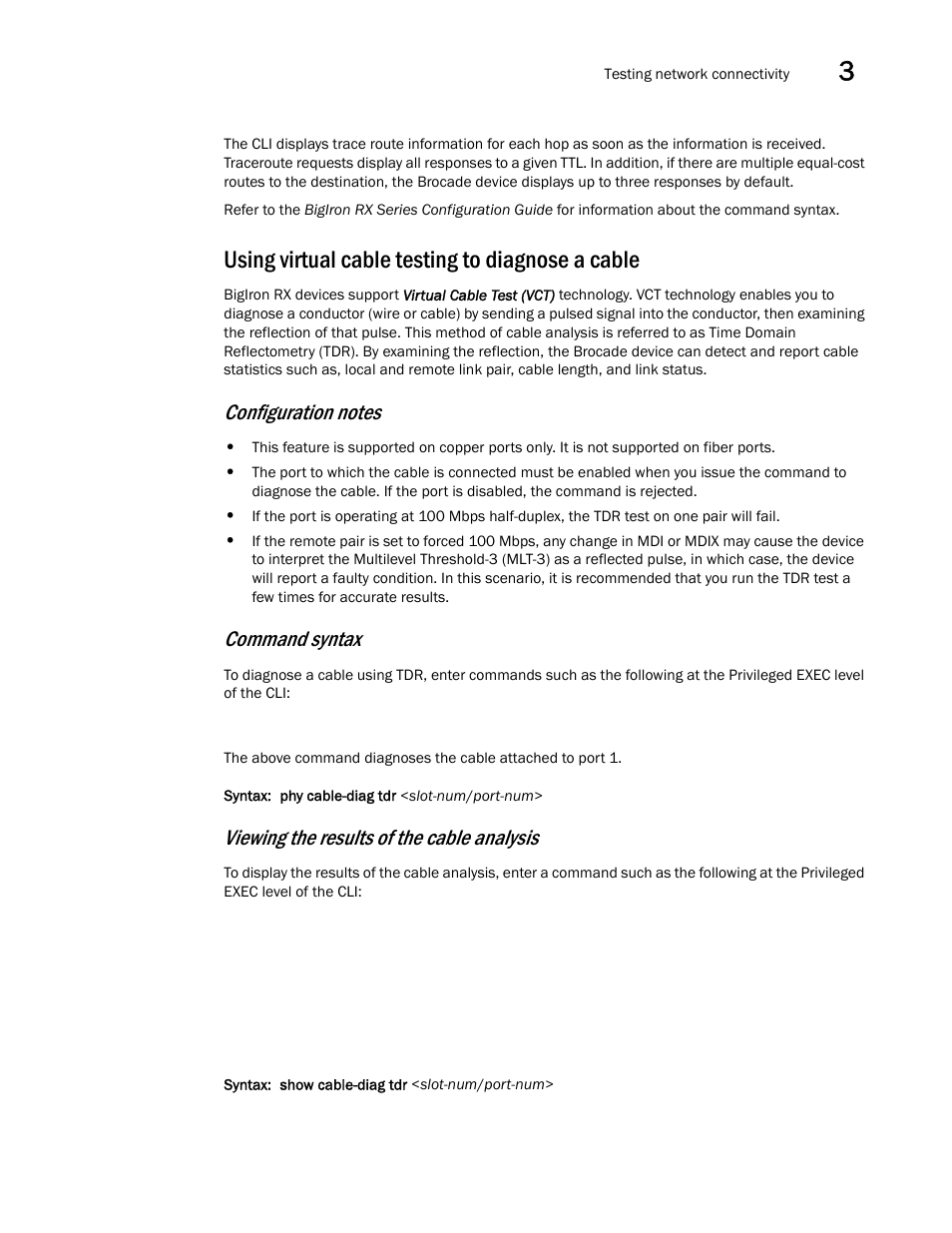 Using virtual cable testing to diagnose a cable, Command syntax, Viewing the results of the cable analysis | Brocade BigIron RX Series Hardware Reference Manual User Manual | Page 89 / 206