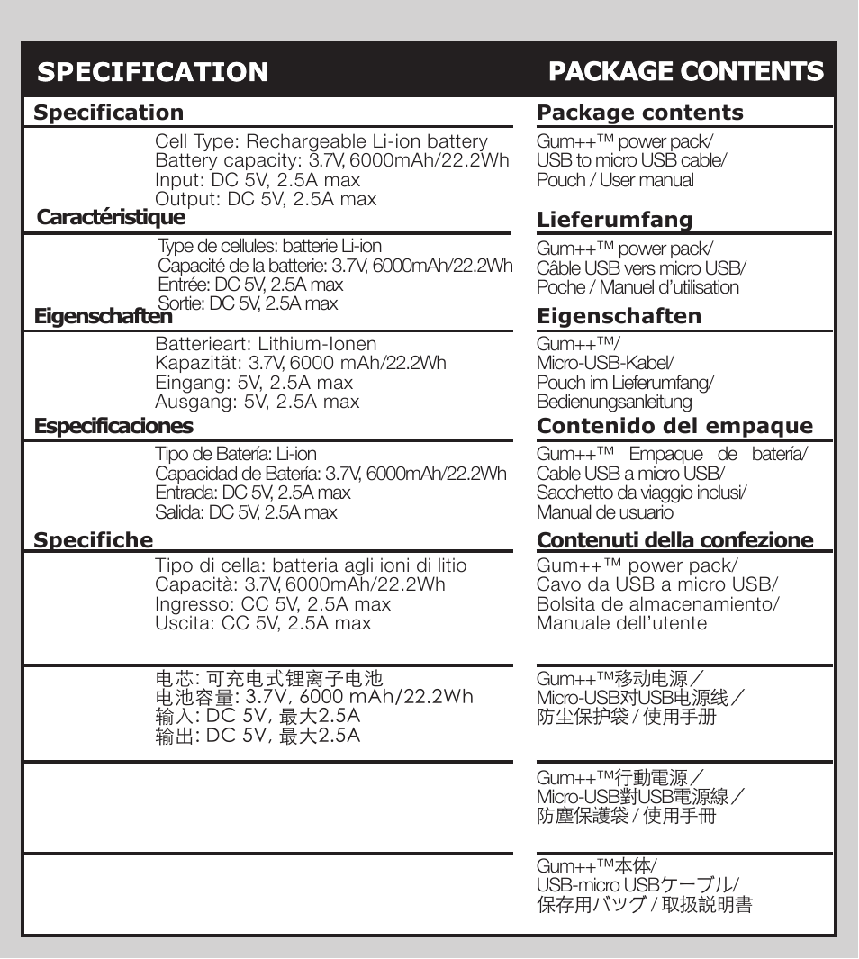 Specification package contents | Just Mobile Gum User Manual | Page 3 / 7